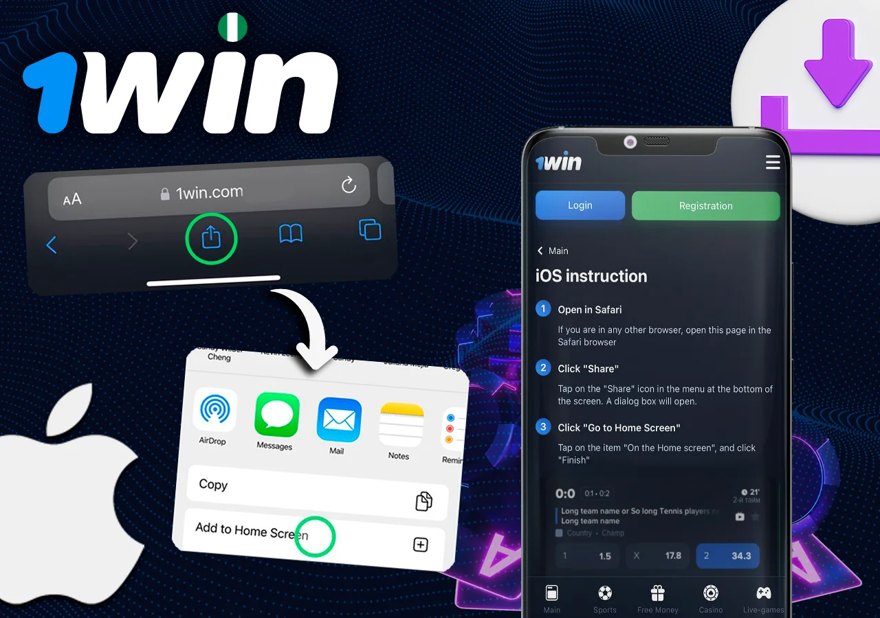 On the phone there is a page with instructions for installing the 1Win app on iOS and screenshots