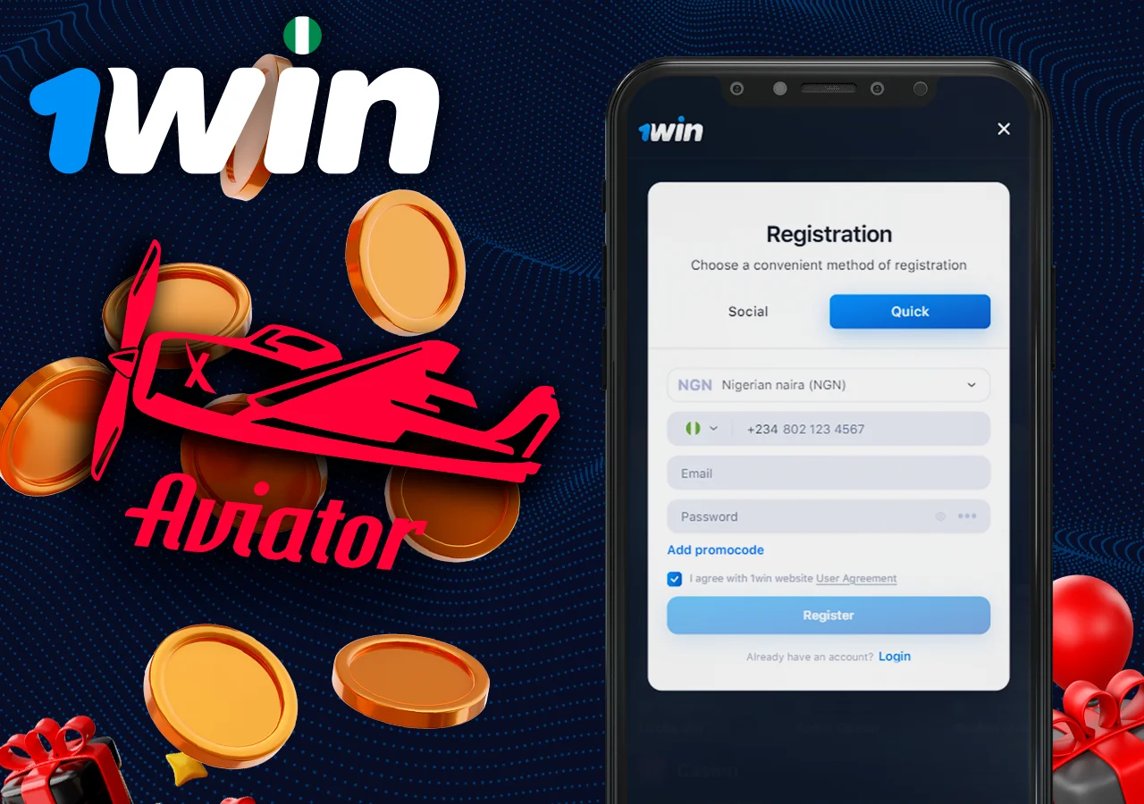 Phone with 1Win registration, next to the Aviator logo and coins.