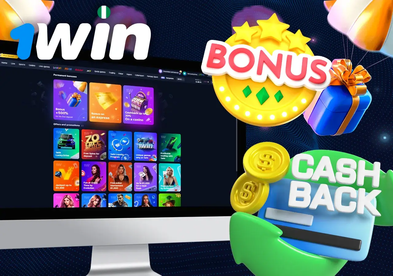 On the monitor is a page with all bonus offers from 1Win, next to the icon of bonus and cashback.