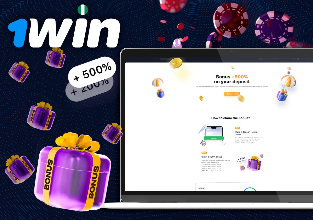 On the laptop open information about welcome bonus on casino from 1Win, next to gifts