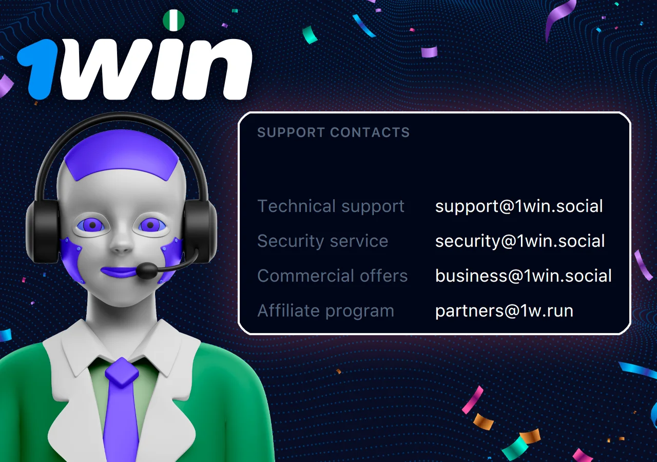 Methods of contacting 1Win support are shown, next to support manager.