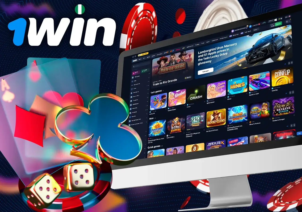 The monitor shows the page with casino games on the site, next to chips and cards from the casino