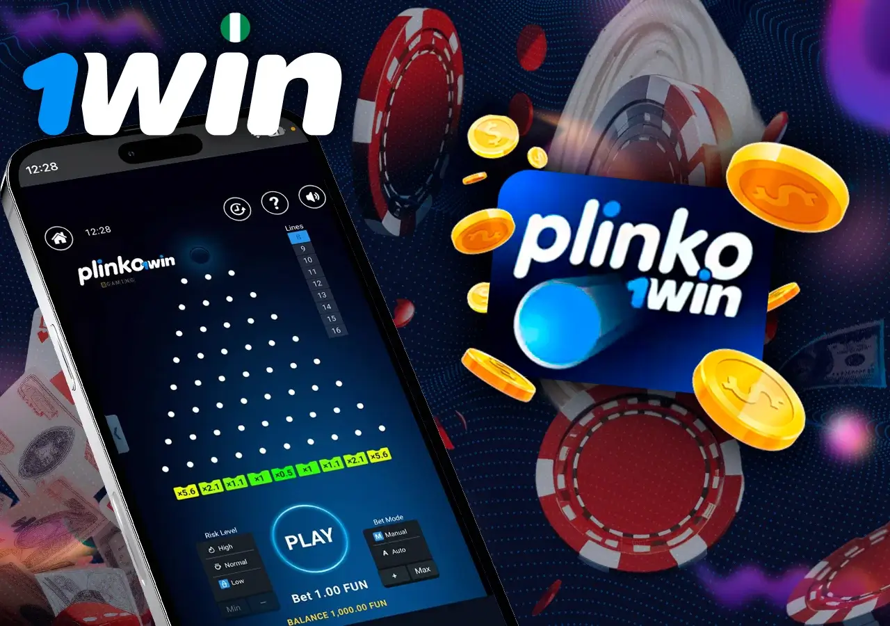 Phone shows Plinko game from 1Win, next to the cover.